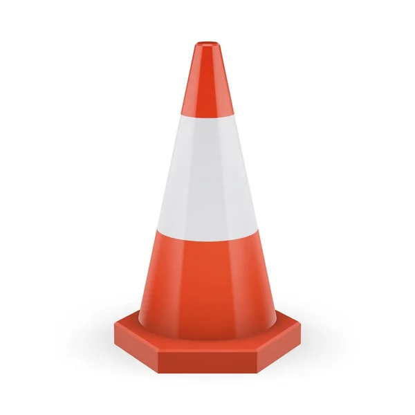 Cone de tráfego laranja sobre uma base poligonal com faixa branca —  Vetores de Stock