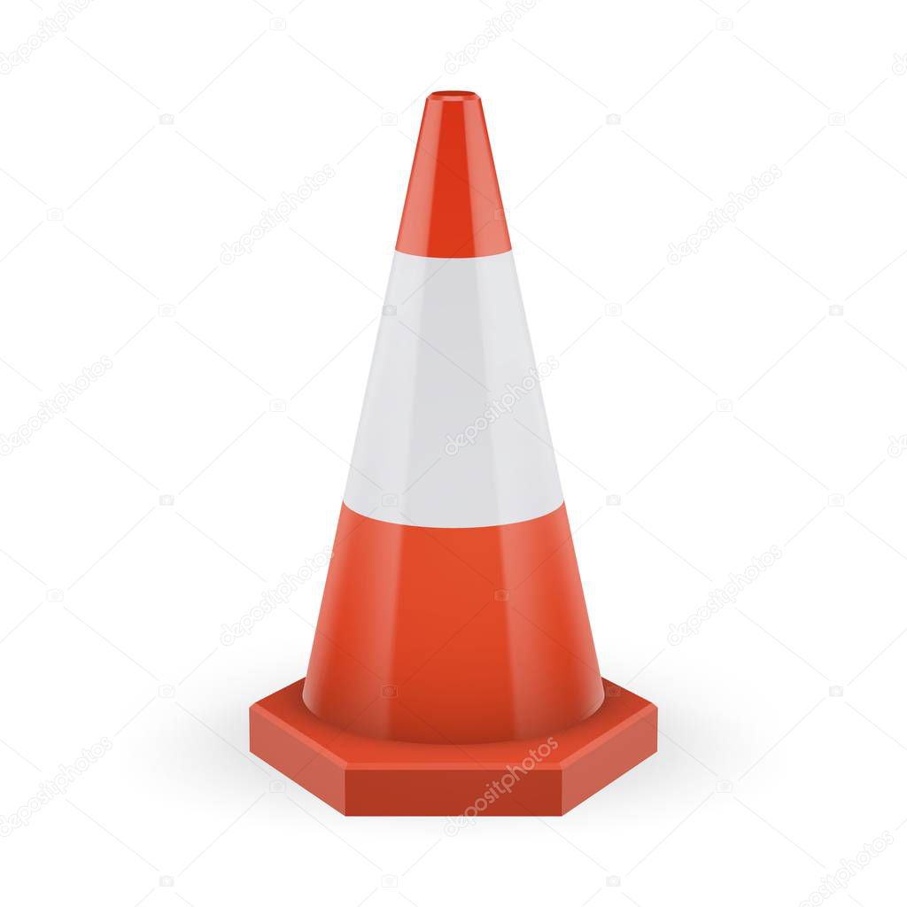 Orange traffic cone on a polygonal base with white stripe