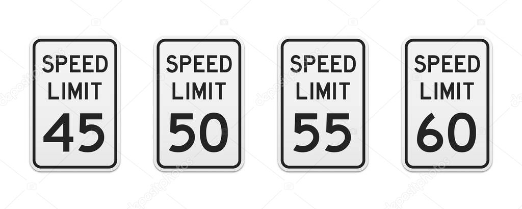 Speed limit traffic signs from 45 to 60 miles per hour. Set of vector graphic elements for production, design, information materials. Classic urban design.