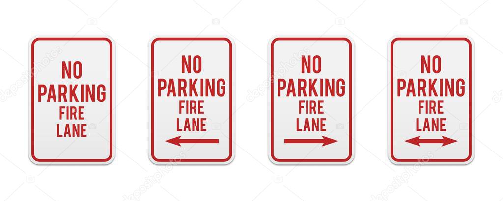 No parking fire lane. Set of classic road and street signs. Vector elements for production, graphic design, posters or information materials. Collection of parking and traffic safety signs.