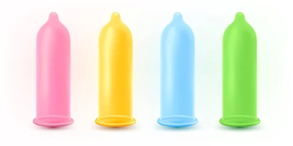 Set Von Bunten Kondomen Auf Hellem Hintergrund Realistische Vektorillustration Verhütungsmethode — Stockvektor