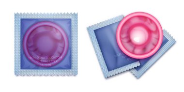 Paketli pembe prezervatif. Paketlenip paketlenmemiş pembe lateks prezervatiflerin vektör çizimleri. Gerçekçi vektör çizimi. Beyaz veya şeffaf arkaplan üzerindeki prezervatif ve paketler. 