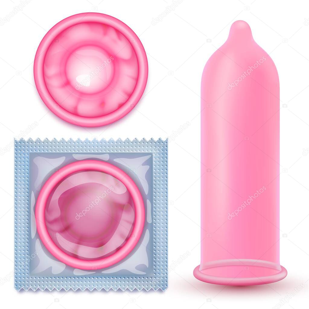 Pink condom with packing. Vector illustrations of pink latex condoms in packing and without. Realistic vector illustration. Condoms and packages on white or transparent background. 