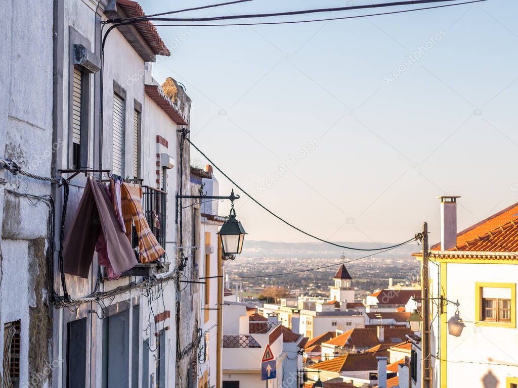 Rooftop view of Old Town Palmela, Setubal District at sunset, south of Lisbon in Portugal.