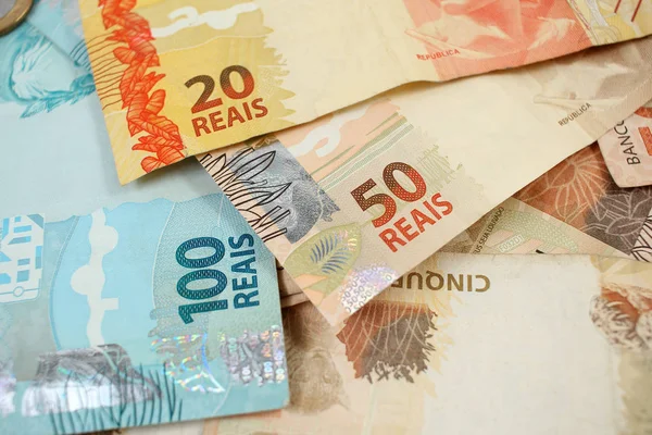 Çok Brezilya Banknot Para — Stok fotoğraf