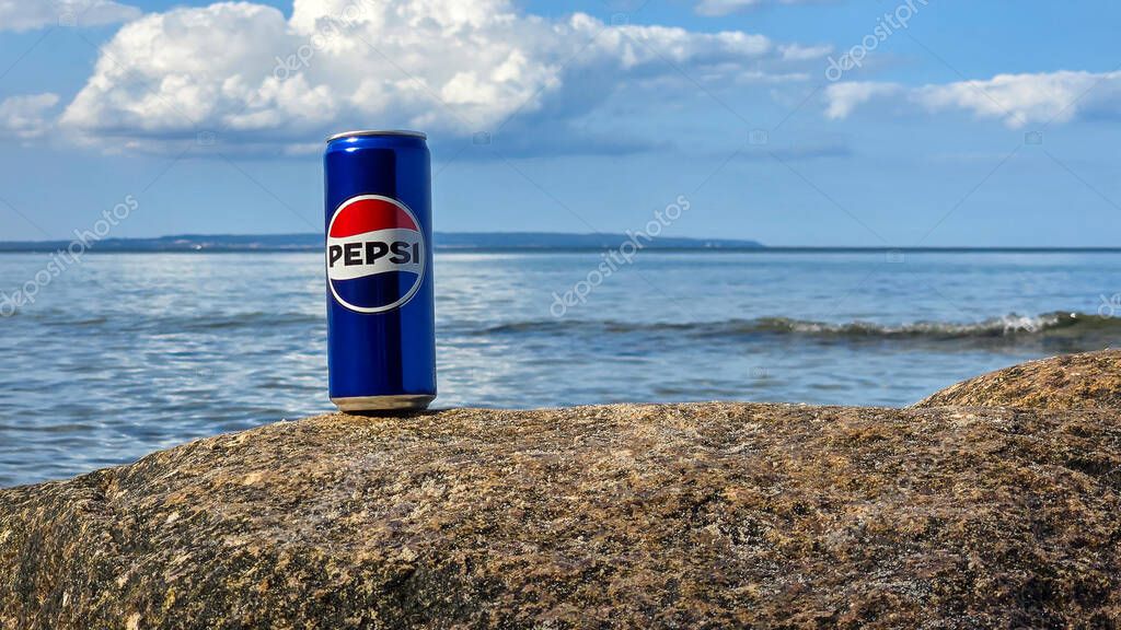 Pepsi can on rock by the sea in summer on the Baltic Sea on September 4, 2025