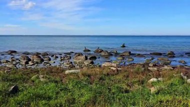 Taşları ve mavi gökyüzü ile Baltık Sahili Almanya Ruegen Adası