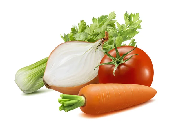 Celery, onion, carrot, tomato. Soup ingredients isolated on white background. Package design element with clipping path — Stock Image Celery Onion Carrot Tomato Soup Ingredients Isolated White Background Package Royalty Free Stock Photos