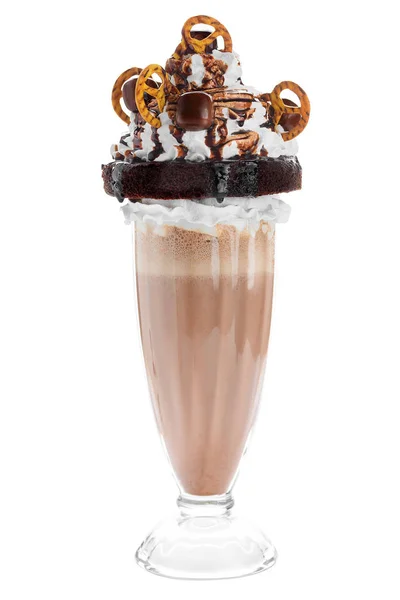 白い背景にお菓子で飾られたチョコレートミルクシェイク — ストック写真