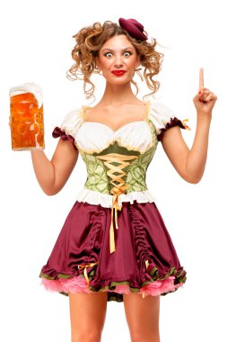 Beyaz arka plan üzerinde izole bira ile geleneksel Bavyera kostüm giyen Oktoberfest garson yaratıcı konsept fotoğraf.