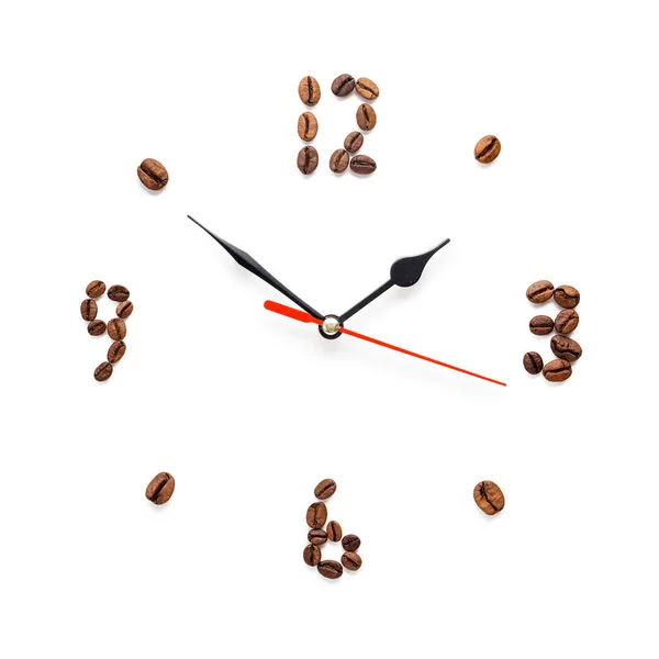 Creative Concept Photo Coffee Clock Made Beans White Background — Stock Photo, Image