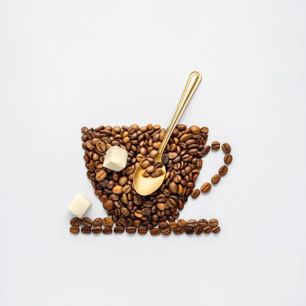 Creative Concept Photo Coffee Cup Made Beans Spoon Sugar Grey — Stock Photo, Image