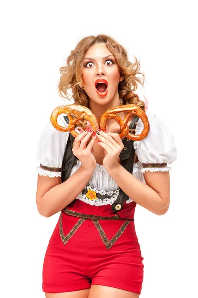 Foto Creatief Concept Voor Oktoberfest Serveerster Draagt Een Traditionele Beierse — Stockfoto