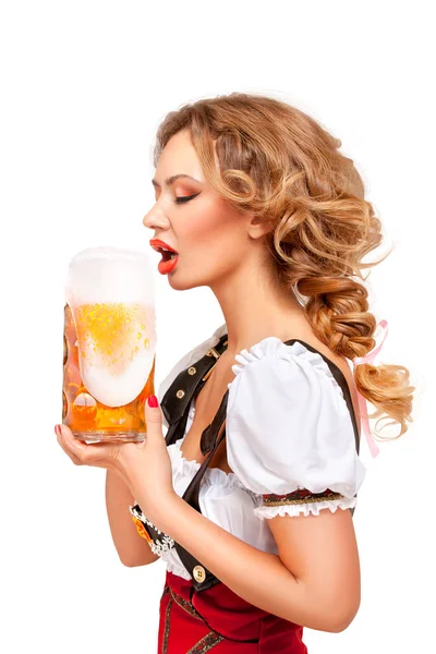 Kreativa Koncept Foto Oktoberfest Servitris Bär Traditionell Bayersk Dräkt Med — Stockfoto