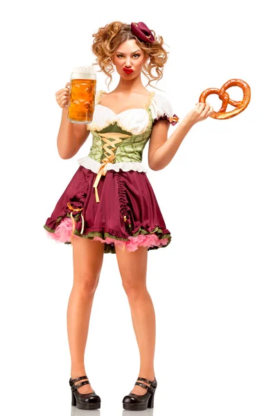 Creative Concept Photo Oktoberfest Waitress Wearing Traditional Bavarian Costume Beer — Stock Photo, Image