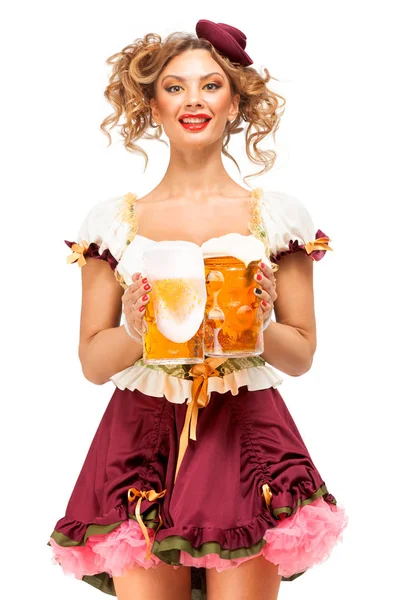 Creative Concept Photo Oktoberfest Waitress Wearing Traditional Bavarian Costume Beer — Stock Photo, Image