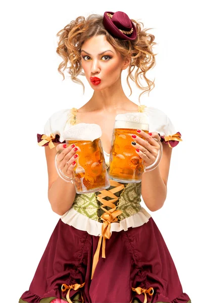 Foto Conceito Criativo Garçonete Oktoberfest Vestindo Traje Tradicional Baviera Com — Fotografia de Stock