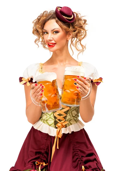 Creative Concept Photo Oktoberfest Waitress Wearing Traditional Bavarian Costume Beer — Stock Photo, Image