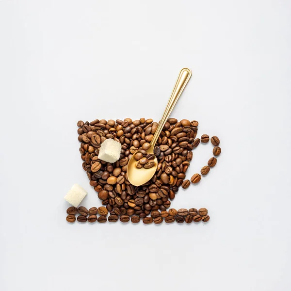 Creative Concept Photo Coffee Cup Made Beans Spoon Sugar Grey Stock Picture