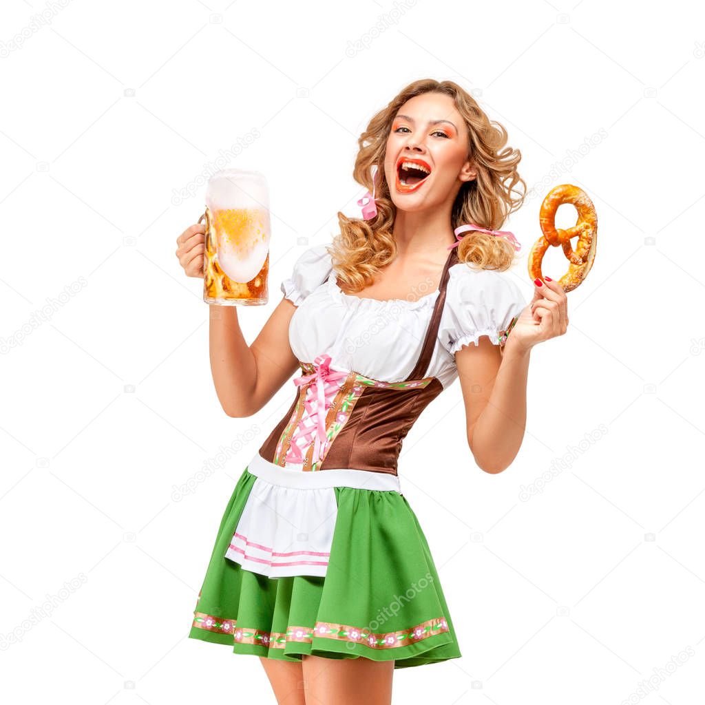 Creative concept photo of Oktoberfest waitress wearing a traditional Bavarian costume with beer and pretzel isolated on white background.