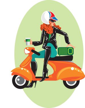 Bir take away kahvesiyle vespa üzerinde oturan bir bayan. Yaratıcı kavramsal vektör.