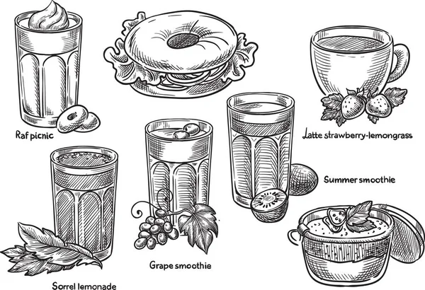 Boceto Dibujado Mano Bebidas Ilustración Grabado Tinta Línea Arte Vector — Archivo Imágenes Vectoriales