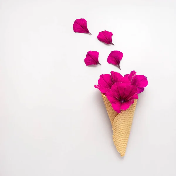 Creativo Concepto Foto Helado Gofre Cono Con Flores Sobre Fondo — Foto de Stock