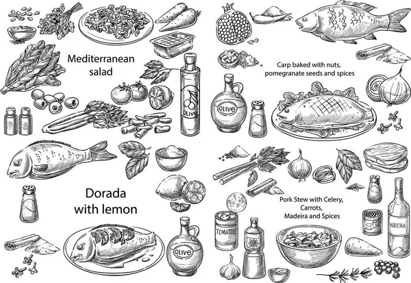 Mediterranean dishes. — Stock Vector