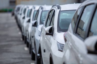 Ticari otomobil sanayii için ithalat ve ihracat şirketlerinin lojistik satış, otomobil ve otomotiv otoparkı için limanda yeni bir otomobil kuyruğu oluştu..