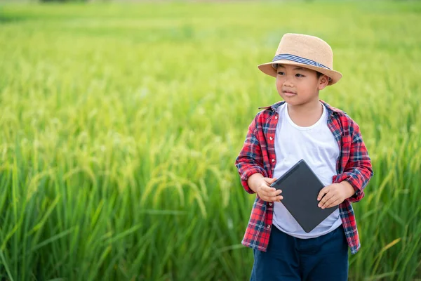 Happy Asian Little Boy Tablet Interested Learning Surroundings Green Fields — Zdjęcie stockowe
