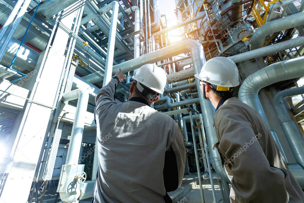 Industrial engineer or worker checking pipeline at oil and gas refinery plant form industry zone with sunrise and cloudy sky, oil and gas Industry concept.
