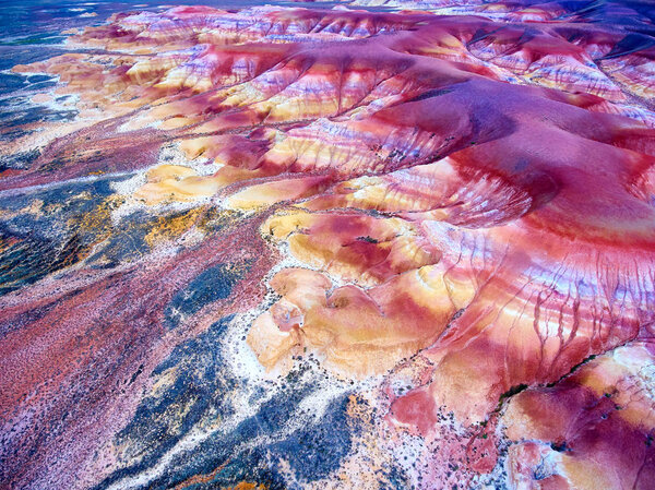 Bird-eye view on color mountains of Akzhar.Colored chalk formations in Akzhar mountains are located in Central Kazakhstan.