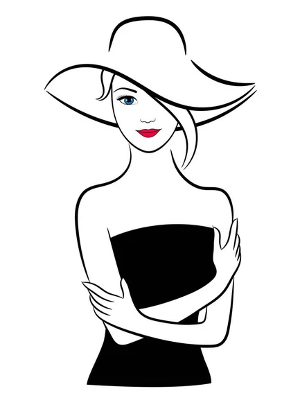 Mujer Vestido Negro Sombrero Ilustración Contorno Vectorial — Vector de stock