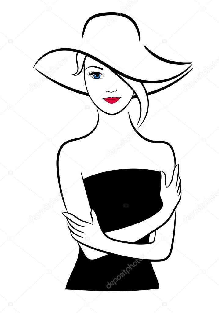 Woman in black dress and hat, vector contour illustration