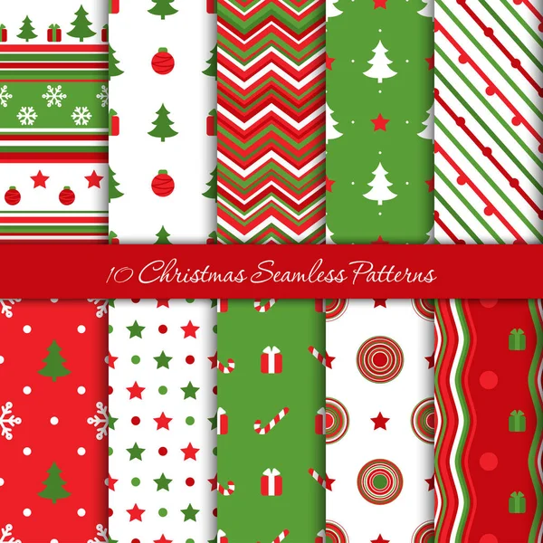 Ten Christmas Endless Pattern Red Green Colours Vector — Stock Vector