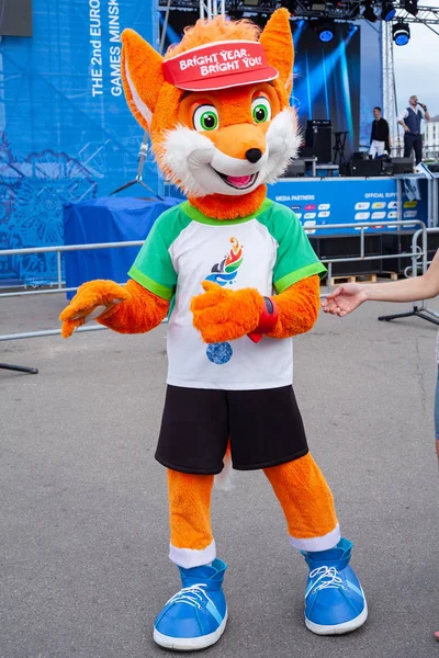 Minsk Bielorrússia Junho 2019 Mascote Jogos Europeus Fox Lesik — Fotografia de Stock