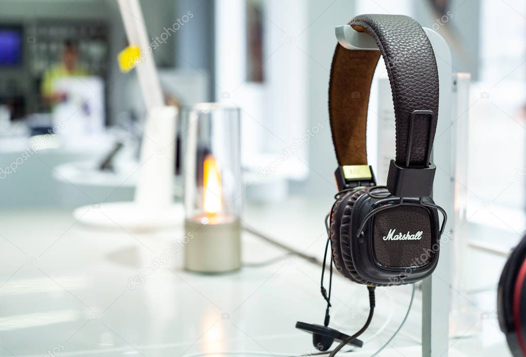 Minsk, Belarus, June 21, 2019: Marshal Headphones on the shop window