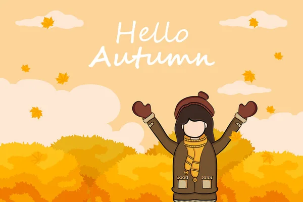 Hand Draw Illustration Cute Girl Character Autumn Background Vector Illustration — Stock Vector