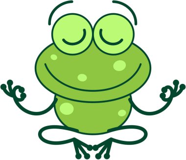 Uzun bacakları ve kolları olan havalı yeşil kurbağa iki eliyle Gyan Mudra işareti yapıyor. Huzurlu bir meditasyonda otururken mutlu bir gülümseme.
