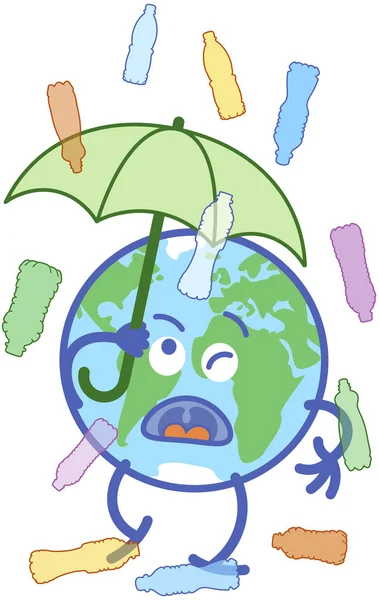 その上に傘を持っている間 最小限の漫画スタイルで地球を悩ませている さまざまな色の透明なペットボトルの雨から身を守っています — ストック写真