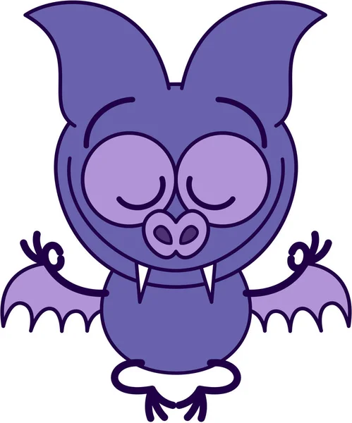 清凉的紫色蝙蝠 长着尖尖的大耳朵和锐利的尖牙 坐着沉思 它高兴地笑着用双手做着一个Gyan Mudra标志 — 图库照片