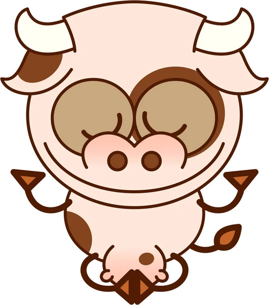Cute cow with pointy ears, big horns, long tail, wide nose and a ring around the left eye smiling while showing a relaxed mood. It\'s seated performing a deep meditation