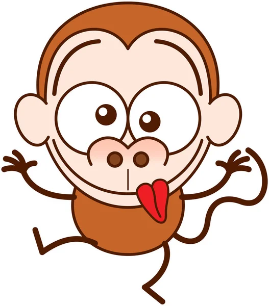 大きな丸みを帯びた耳と長い尾を持つミニマリストスタイルの面白い茶色の猿は 腕を上げながら その膨らんだ目を渡り 舌を突き出し 面白い顔を作ります — ストック写真