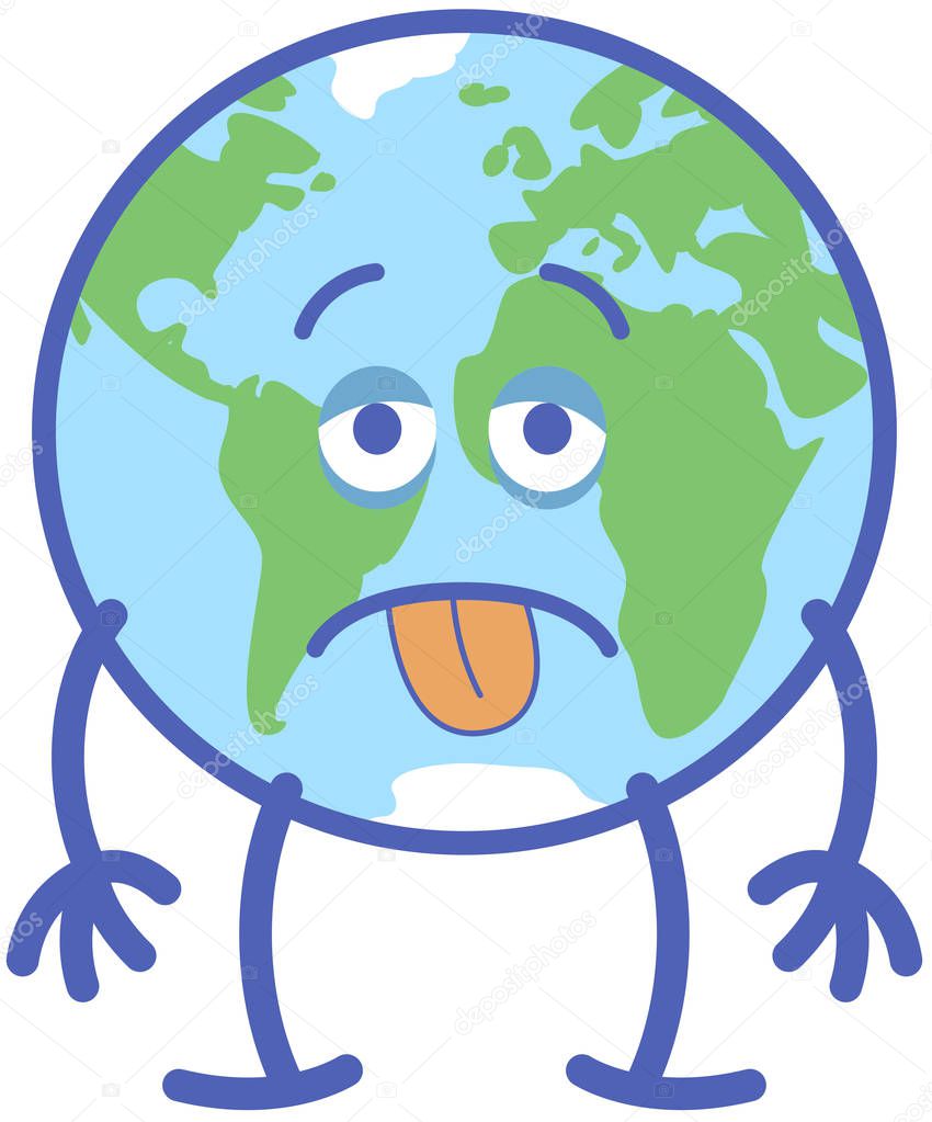 Earth in minimalist cartoon style feeling discouraged and staring at you. It looks exhausted with prominent bags under its eyes. It sticks its tongue out while its arms fall down in sign of distress