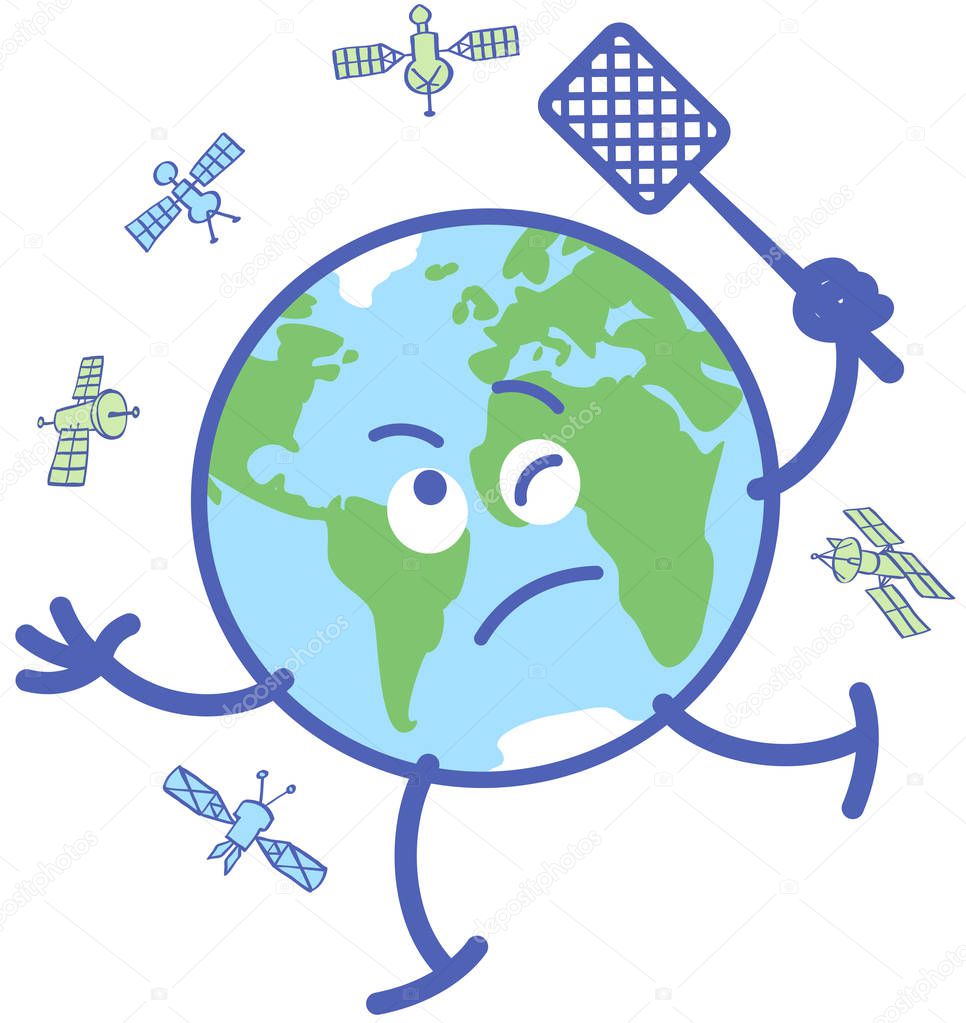Funny planet Earth in minimalist cartoon style desperately chasing satellites with a fly swatter. It feels mad and disquiet while trying to get rid of several objects in orbit around it