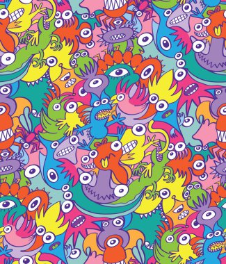 Colorful scary monsters and weird creatures in doodle art style. They compose a seamless pattern design full of decorative birds, reptiles, fishes and whimsical characters, spooky and mischievousPrint clipart