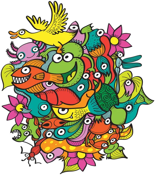 Groupe Créatures Drôles Multicolores Vivant Dans Étang Fleurs Plantes Grenouilles — Image vectorielle