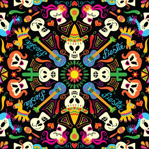 Lebky Symboly Tvoří Tradiční Mexický Motiv Počest Dne Mrtvých Kytary — Stockový vektor