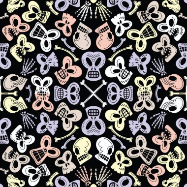 Halloween design showing weird skulls and bones. Skulls are in minimalist style and five different flat colors. They follow two axes of symmetry to form a spooky pattern in homage to Day of the Dead clipart