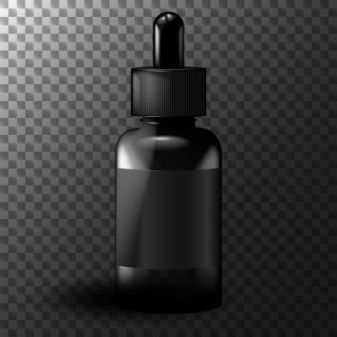 Gerçekçi siyah vape sıvı şişe modeli - şeffaf vektör illüstrasyonu